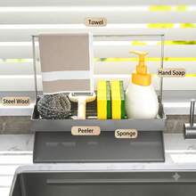 1pc Kitchen Sink Organizer Rack, Dishcloth Drying Rack, Countertop Dish Soap & Brush Storage Rack With 45° Slanted Auto-Drain Tray And Dishcloth/Towel Hanging Bar - Multicolor - View 3