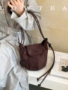 low tea 1pc Small Bucket Suede Fabric Shoulder Bag Suitable For Commuting, Shopping, Etc. (With Pendant) - Coffee - View 13