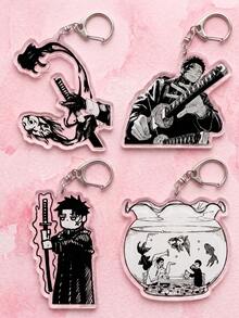 1Pc/4Pcs Kagurabachi Theme Acrylic Keychains, Featuring Demon Blade Ink Effect, Drawing Sword Pose, Chibi Style And Goldfish Tank Scene Design, Fashionable Bag Charm, Suitable For: Back To School, Gift For Anime Fans, Exquisite Collection, All Season - Multicolor - View 1