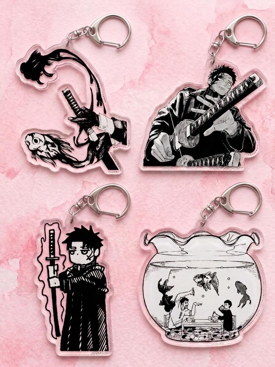 1Pc/4Pcs Kagurabachi Theme Acrylic Keychains, Featuring Demon Blade Ink Effect, Drawing Sword Pose, Chibi Style And Goldfish Tank Scene Design, Fashionable Bag Charm, Suitable For: Back To School, Gift For Anime Fans, Exquisite Collection, All Season - Multicolor - View 1
