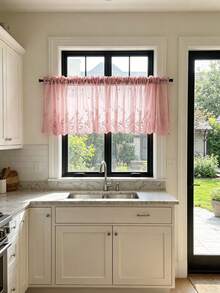 1pc New Lightweight Lace Embroidered Floral Sheer Curtain, Multi-Purpose Translucent Decorative Window Curtain For Kitchen And Other Spaces, Rod Pocket Design, Finished Short Cafe Curtain, Coffee Color - Pink - View 3