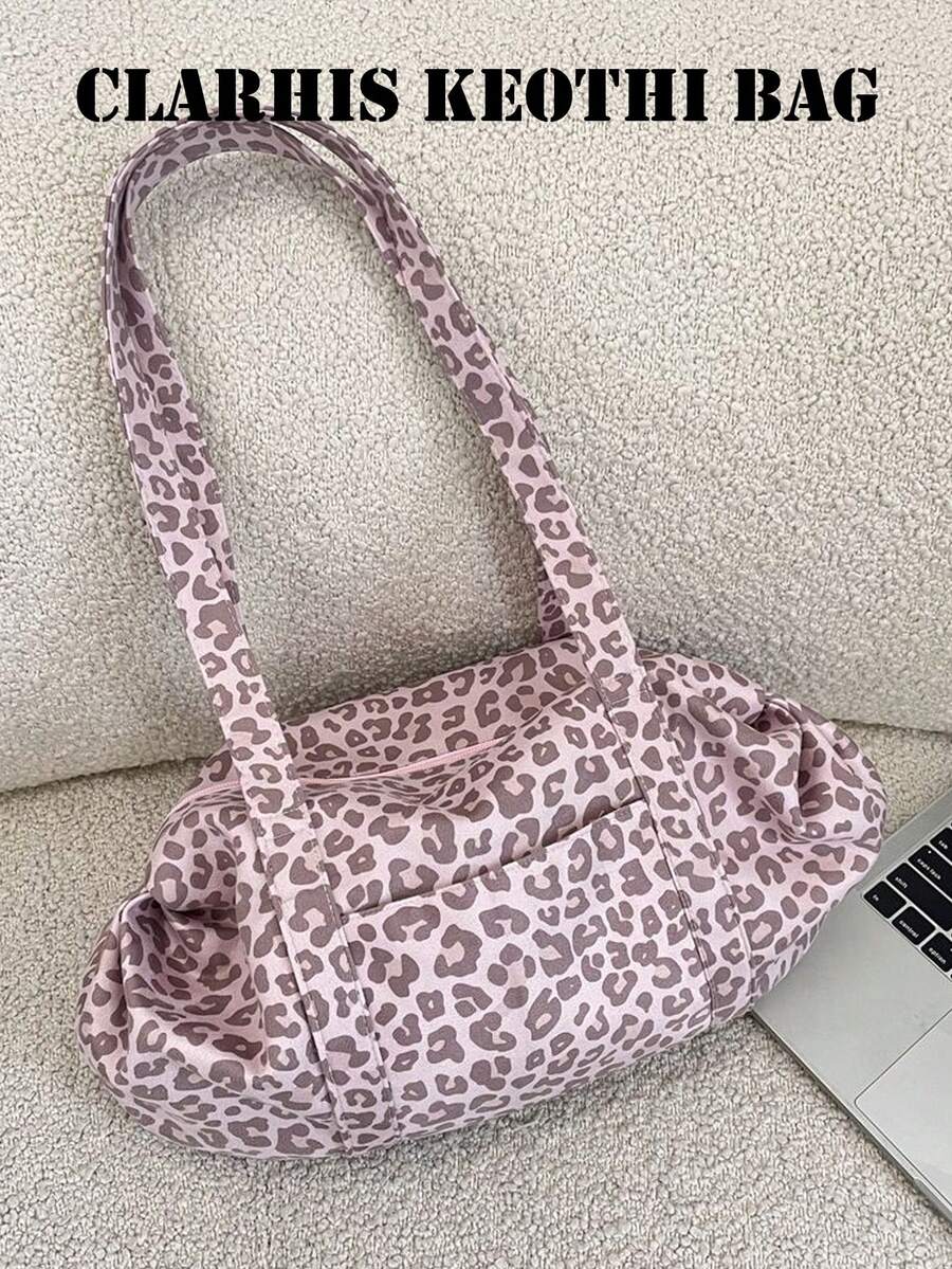 Pink Leopard Print All-Over Pattern Tote Bag, Wide Handle Shoulder Carry, Large Capacity Storage For Laptop, Makeup And Personal Items, Zipper Closure, Sweet Cool Style, Boston Underarm Tote Bag, Women's Daily Use For School, Shopping And Outings - Pink - View 1
