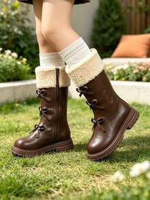 Girls' Brown Plush Fold-Over Bow High-Top Boots | Side Zipper Thick Sole Anti-Slip Thermal Lined Warm Boots For Autumn/Winter - Brown - View 6