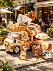 347 PIECES Cute Cat Coffee Truck Building Set, Creative DIY Assembly Toy, Dining Car Style With Outdoor Table And Chairs, Sunshade Umbrella, Desktop Decorative Items, Stress Relief Puzzle Toy, Festival Home Decoration Collection Gift - No Box - View 6