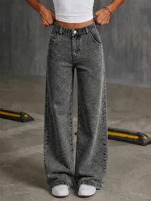 Youth Girl Pocket Loose Wide Leg Casual Multi-Function Jeans - Black - View 1