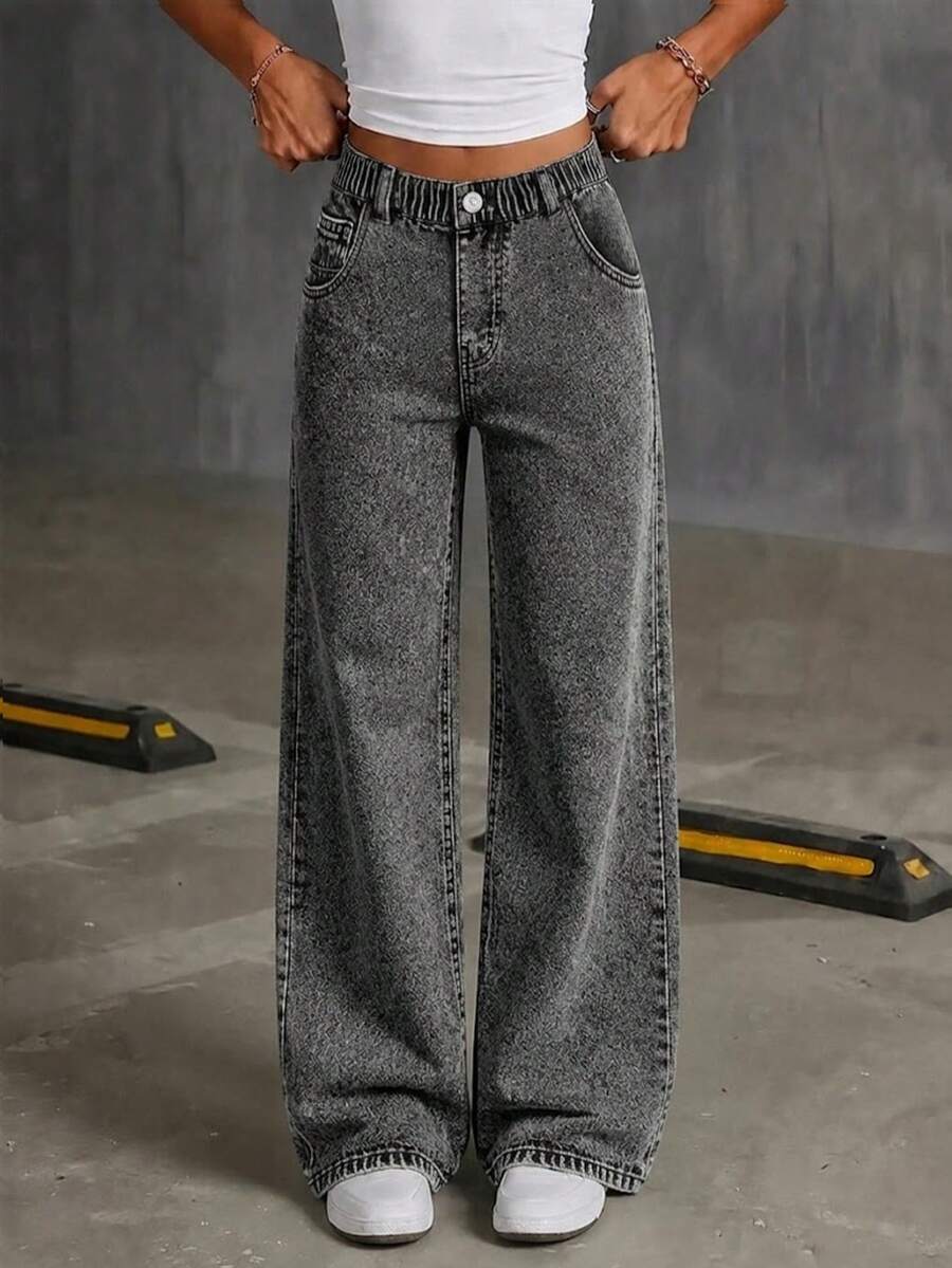 Youth Girl Pocket Loose Wide Leg Casual Multi-Function Jeans - Black - View 1