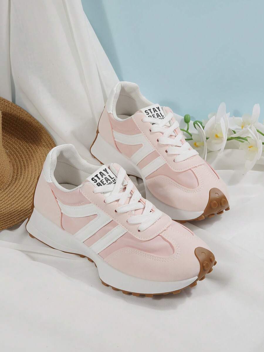Women Retro Patchwork Lace‑Up Casual Running Sneakers - Pink - View 1