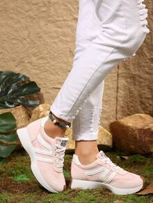 Women Retro Patchwork Lace‑Up Casual Running Sneakers - Pink - View 5
