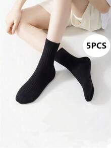 1/5 Pairs Women's Mid-Calf Solid Color Minimalist Breathable Casual Sports Socks, Fun Halloween Gift Socks - Black - View 11