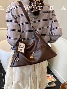 low tea 1pc Fashionable Crescent-Shaped PU Leather Shoulder Bag, Suitable For Commuting, Shopping And More - Coffee - View 2