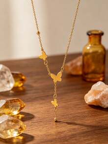 Light Luxury Y-Shaped Butterfly Tassel Gold Collarbone Necklace, Niche High-End Stainless Steel Neck Chain For Women, Dynamic Three-Piece Butterfly Pendant Design, Gentle Exquisite Adjustable Chain, Minimalist Versatile Accessory, Suitable For Commute, Date, Party And More - Butterfly Pendant Necklace - View 3