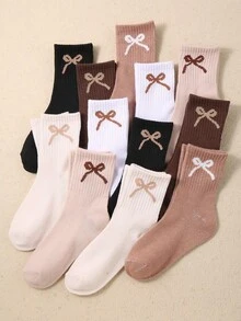 12/6 Pairs Random Leopard Print Bow Mid-Calf Socks, Elastic Socks, Brown Tone, Neutral Color, Girls Halloween Back To School Autumn Socks - Multicolor - View 10