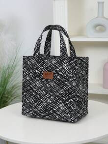 DLIU 1pc New Arrival Thick Fabric Tote Bag Lunch Box Bento Bag Square Storage Bag Office Commute Shopping Bag Suitable For Work School Picnic Daily Use - Black and White - View 2
