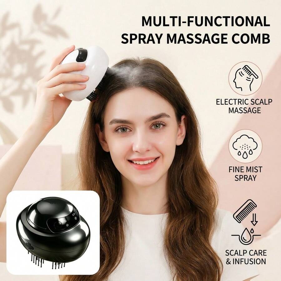 ICEWLESS Mini Head Massage Brush Electric Spray Comb 3 Adjustable Intensity Levels Portable Compact Type-C Charging With Cleaning Function And Essential Oil Mist Suitable For Home And Travel