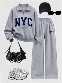 Set 2 pcs Sweatshirt Setengah Resleting dan Celana Panjang Lebar untuk Wanita Muda dan Anak Perempuan, Sweatshirt Kerah Tegak Longgar dengan Cetakan Huruf Inggris dan Celana Panjang Lebar Longgar, Cocok untuk Pakaian Sehari-hari Musim Gugur/Dingin - MultiWarna - View 3