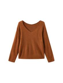 Joy Knit 女款針織毛衣 秋冬時尚新款 百搭上衣 簡約休閒百搭 純色捲邊深V領露肩套頭針織上衣 女士上班穿搭 外出上衣 派對 海灘 生日 節慶 - 棕色 - 查看 7