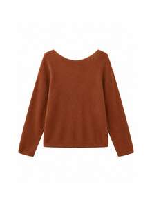 Joy Knit 女款針織毛衣 秋冬時尚新款 百搭上衣 簡約休閒百搭 純色捲邊深V領露肩套頭針織上衣 女士上班穿搭 外出上衣 派對 海灘 生日 節慶 - 棕色 - 查看 8