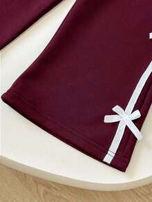 Tween Girl Cartoon Letter Pattern Embroidered V-Neck Long Sleeve Sweatshirt And Pants - Burgundy - View 9