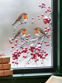 1PC Christmas Robin Window Sticker, 3 Cute Red-Breasted Birds Perched On Snow-Covered Red Berry Branches, Easy To Install Double-Sided Visible Static Adhesion Window Decal, Suitable For Home Living Room Kitchen Glass Window Winter Holiday Decoration Sticker, Beautiful Sticker - Robin - View 4