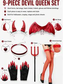 9pcs/Devil Costume Set, Women's Devil Queen Accessories, Halloween Devil Party Props, Red Devil Horn Headband, Bat Wings, Devil Trident, Heart-Shaped Collar, Red Long Leg Fishnet Stockings, Halloween Cosplay Outfit, Carnival Costume Supplies - Multicolor - View 3