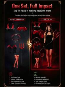 9pcs/Devil Costume Set, Women's Devil Queen Accessories, Halloween Devil Party Props, Red Devil Horn Headband, Bat Wings, Devil Trident, Heart-Shaped Collar, Red Long Leg Fishnet Stockings, Halloween Cosplay Outfit, Carnival Costume Supplies - Multicolor - View 4