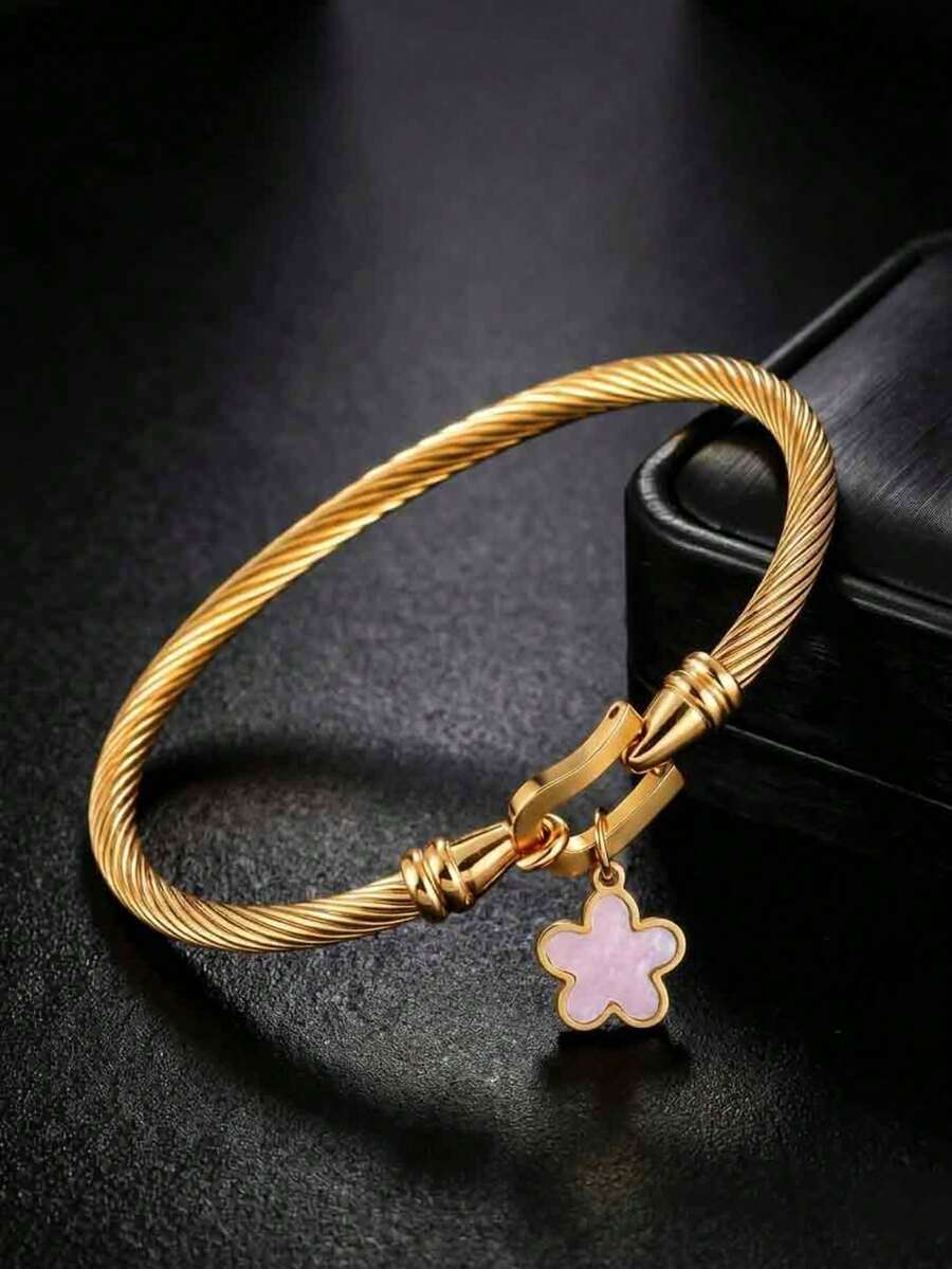 1pc Vintage Luxury Twisted‑Rope Bangle With Pink‑Shell Clover Charm, 18K Gold‑Plated Stainless‑Steel, Unisex Daily Wear Jewelry - Gold - View 1