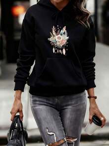 Women Casual Loose Fit Pullover Hoodie With Drawstring Hood And Kangaroo Pocket Featuring Floral And Butterfly Creative Pattern Printed Fashionable Da - Black - View 1
