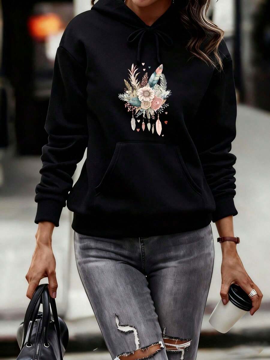 Women Casual Loose Fit Pullover Hoodie With Drawstring Hood And Kangaroo Pocket Featuring Floral And Butterfly Creative Pattern Printed Fashionable Da - Black - View 1