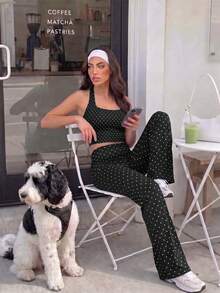 Women's 2 Pieces Set: Polka Dot Halter Top & Flare Pants, Slim Fit Y2K Style Casual Sports Outfit, Suitable For Girls - Black and White - View 5