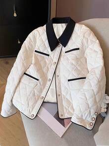 Jaket Musim Dingin Wanita Warna Putih dengan Lapisan Quilted, Kerah dan Saku Warna Kontras, Jaket Lengan Panjang Potongan Reguler, Pakaian Musim Dingin yang Modis - Putih - View 2