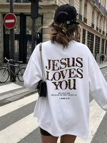 Plus Size Women's Leopard Print "Jesus Loves You" Bible Verse Long Sleeve T-Shirt, Moderate Stretch Crew Neck Loose Casual Autumn Top - White - View 4