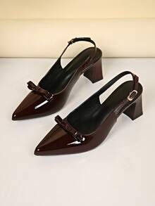 Women's Vintage Brown Patent Leather Bow Pointed Toe Slingback Sandals, Adjustable Buckle Chunky Heel Party Commute Low Vamp High Heel Shoes - Brown - View 1