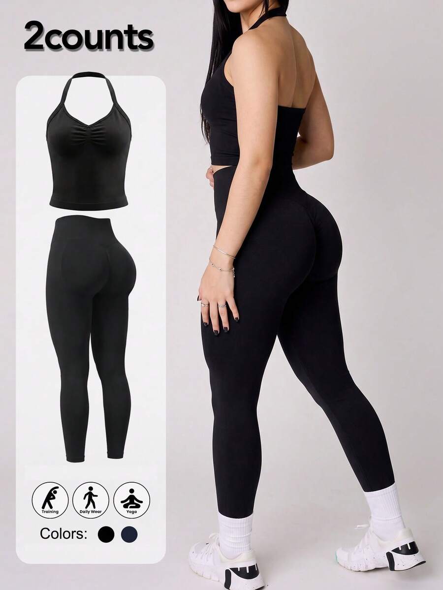 Women's Body Shaping Set, Waist Slimming And Butt Lifting. Suitable For Yoga, Gym - Black - View 1