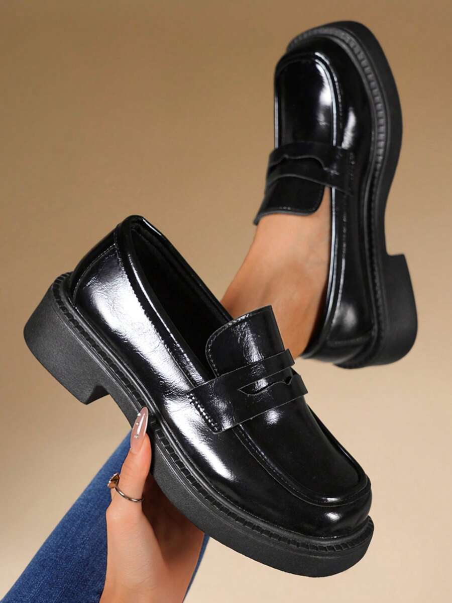 Black Thick Sole Loafers Women Versatile Commute Slip-On Shoes - Black - View 1