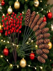 50pcs/40pcs Pine Cone & Red Berry Decor | Realistic Plastic Branch Christmas Tree Decoration | Winter Wedding & Wreath Centerpiece Decor | Durable Pine Cone & Red Berry Decoration | Holiday Berry Wreath Accessory - Multicolor - View 8