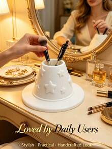 Highly Attractive White Star Embossed Makeup Brush Holder, INS Luxury Style Makeup Brush Organizer, Multi-Functional Vanity & Office Desk Storage Organizer - White - View 3