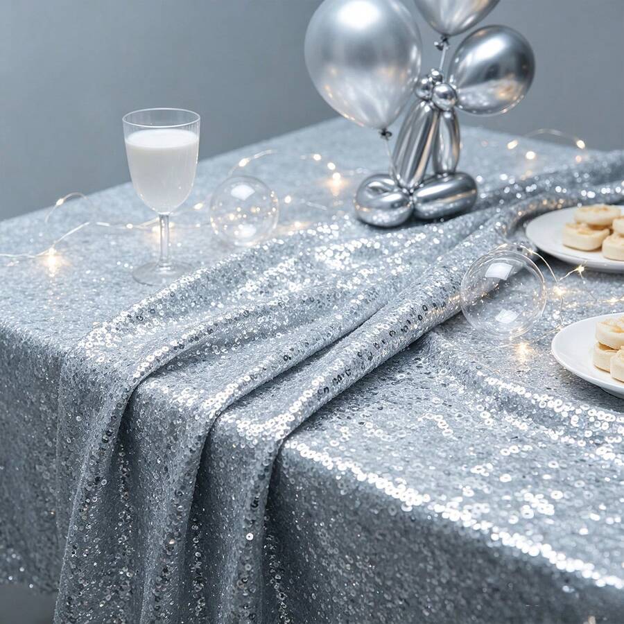 1pc Silver Sequin Tablecloth, Shiny Rectangular Table Cover, Suitable For Wedding, Birthday Party, Dessert Table, Banquet, Holiday Event Decoration. Silver Sequin Tablecloth, Used For Party Decoration, Available All Year Round - Silver - View 1