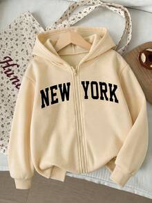 1pc Girls' New York Letter Print Zip-Up Hooded Jacket, Simple Cute Casual Young Girl' Sweatshirt - Apricot - View 1
