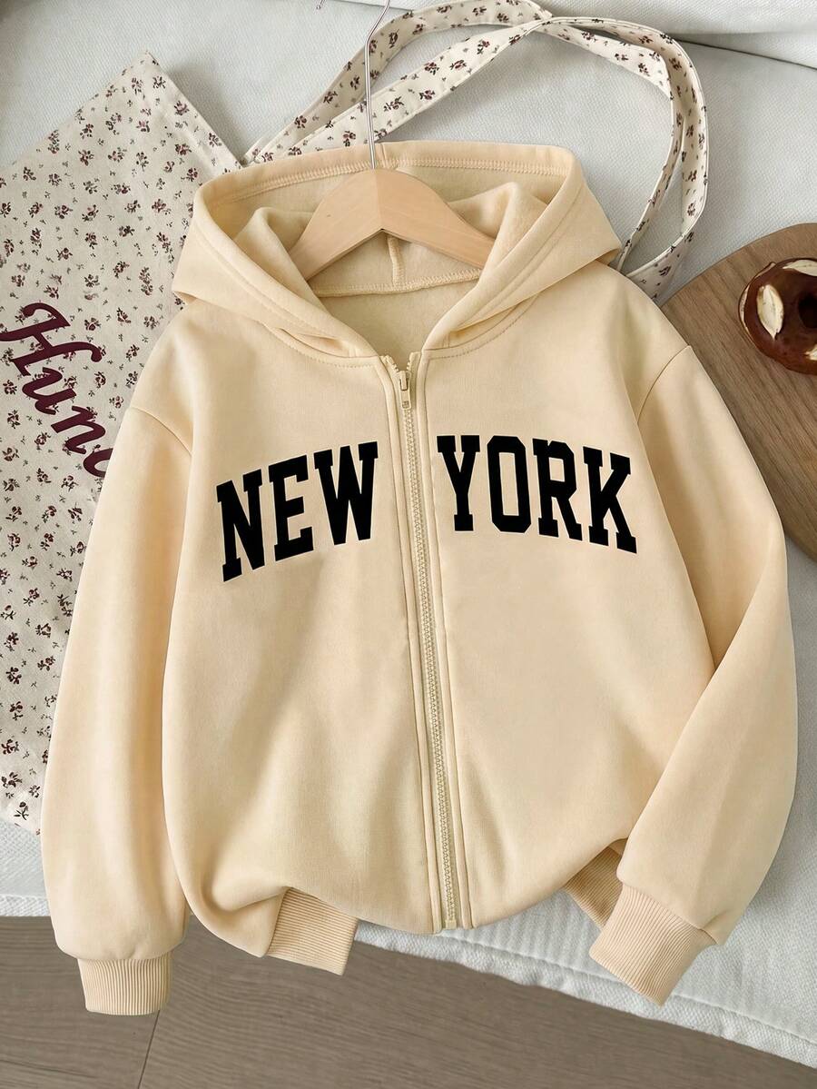 1pc Girls' New York Letter Print Zip-Up Hooded Jacket, Simple Cute Casual Young Girl' Sweatshirt - Apricot - View 1