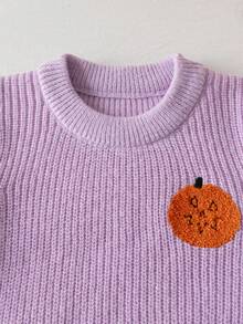 女童可愛萬聖節南瓜頭刺繡圓領長袖針織套頭毛衣，適合萬聖節、日常休閒、度假，春秋冬季穿著 - 紫色 - 查看 6