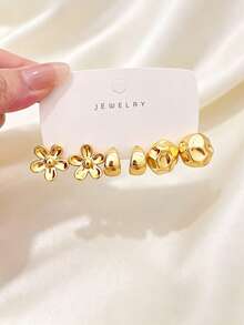6/18PCS Fashion Gold Metallic Earring Set, Flower Shell Water Drop C-Hoop Geometric Multi-Element Women's Fashion Earring Set, Daily Wear, (Lightweight CCB Material, Non-Fading/No Dropping Sensation) - Gold - View 12