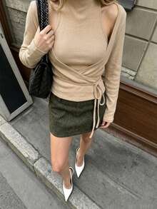 Women's 2 Pieces Knit Set, Halter Neck Bodycon Tank Top With Long Sleeve Cover Up, Comfortable Autumn/Winter Daily Commute Streetwear, Fashion Knit Top - Apricot - View 2