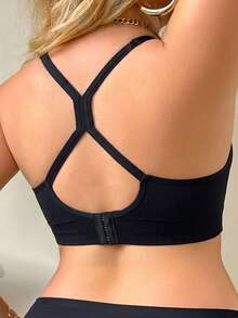 1pc Plus Size Ribbed Wire-Free Bra, Y-Shaped Criss-Cross Back Strap, Back Hook Closure, U-Neckline, Soft & Medium Stretch, Seamless Support, Suitable For Curvy Women's Daily Wear And Light Exercise - Black - View 3