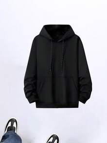 Men's Black Fleece Hooded Sweatshirt, Autumn/Winter Daily Sports Casual Pullover Sweatshirt Fall - Black - View 10