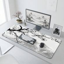 Svart & vit körsbärsblommor bergslandskapsmönster extra lång gamingmusmatta och skrivbordsmatta set, halkfri slitstark gummibotten, slät yta, lämplig för PC, laptop, kontor och hem, abstrakt konstdekor, skolstartstillbehör - A - Visa 4