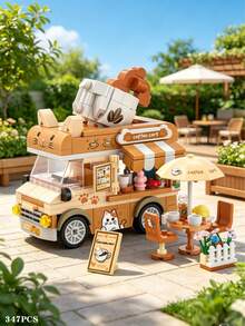 347 PIECES Cute Cat Coffee Truck Building Set, Creative DIY Assembly Toy, Dining Car Style With Outdoor Table And Chairs, Sunshade Umbrella, Desktop Decorative Items, Stress Relief Puzzle Toy, Festival Home Decoration Collection Gift - No Box - View 5