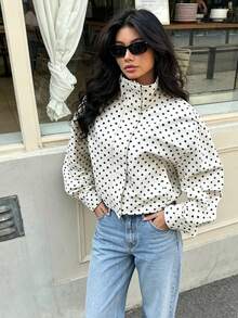 Seelio Spring/Autumn New Women's Fashion Casual Versatile Stand Collar Zipper Long Sleeve Polka Dot Jacket Coat Youthful Back To School - White Background With Black Polka Dots - View 1