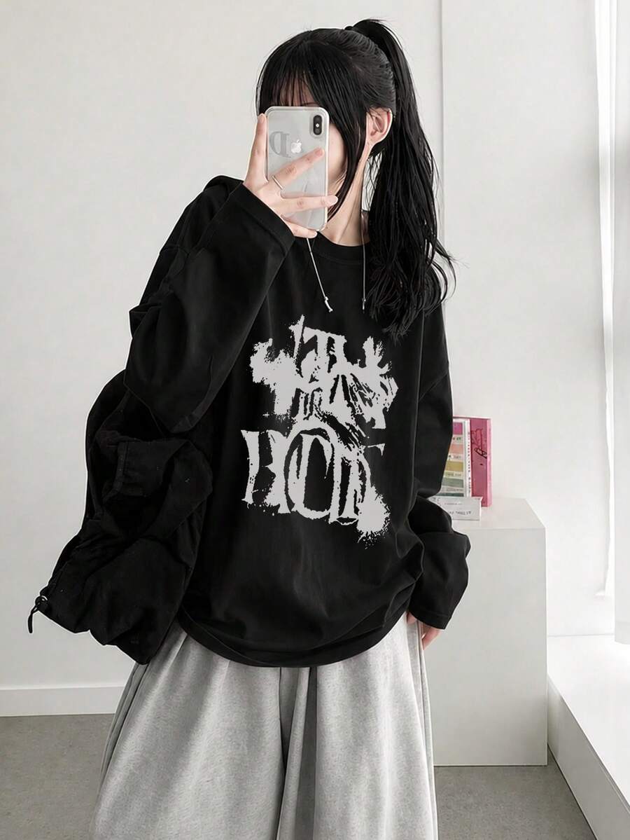 女款時尚秋冬寬鬆極簡百搭字母與卡通印花長袖T恤休閒款 - 黑色 - 查看 1