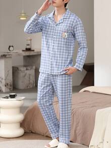 2pcs/Set Men's Pajamas Homewear Set, Lapel Cardigan Couple Style Fashion Long Sleeve Long Pants, Easy Care Fabric - Blue - View 8