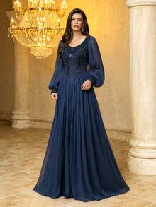 SUPGIR Women's Sweetheart Neckline Sequin Patchwork Lantern Sleeve Fitted Faux Silk Elegant Evening Gown - Navy Blue - View 4